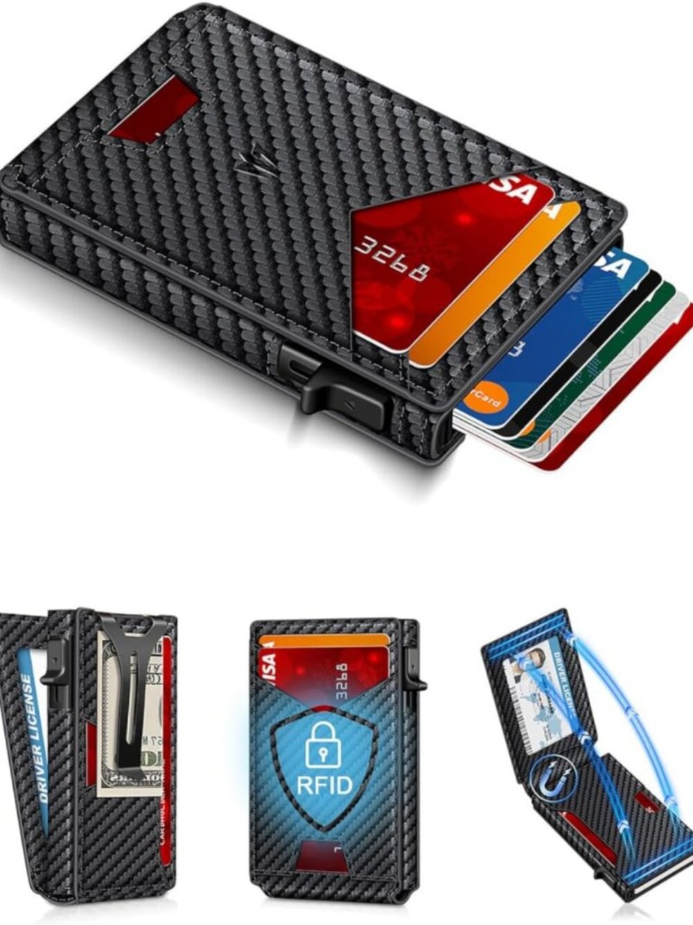 Slim Minimalist Wallet for Men, RFID Blocking, Money Clip & ID Window, Front